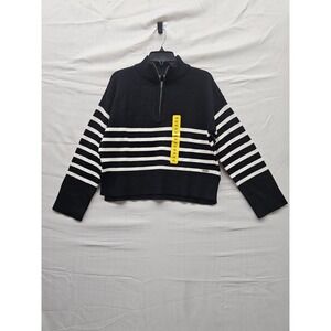 DKNY Womens Quarter Zip Striped Sweater Black‎ White Mock Neck DJ5R0975 Medium